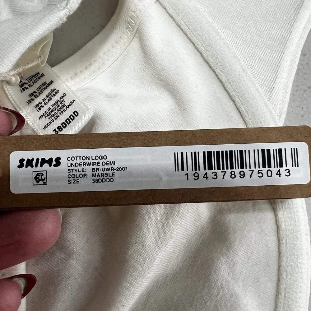 NEW! Skims Cotton Logo Underwire‎ Demi Bra Marble White 38DDDD Adjustable